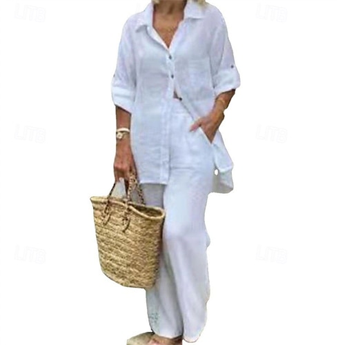 Femmes Mode Streetwear Chemise Ensembles en coton et lin Ensembles deux pièces Pantalons en Lin Pantalons manche longue Col de chemise Couleur Unie Cordon de serrage Tenue quotidienne Date Blanche