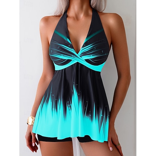 Femme Maillots de Bain Tankini 2 pièces Jambe de garçon Maillot de bain Dos Nu Taille haute Vacances Tenues de plage A Ombre Cachemire Col V Sans Manches Maillots de bain