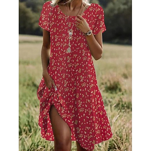  Woman Midi Dress A Line Dress T Shirt Dress Tee Dress Athletic Dress Casual Vacation Daily Regular Fit Graphic Short Sleeve Crew Neck Dark Red Pink Red Burgundy Summer