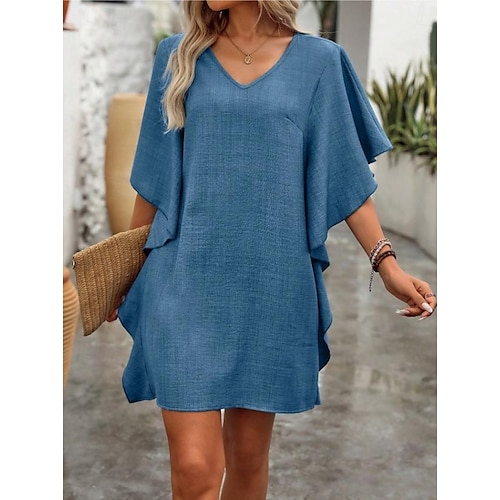 Femmes Robe Longueur Genou Robe en lin Robe en jean Vacances Tropical Hawaïen Manche flottante Vacances Travail Quotidien Coupe Ample Couleur Unie Manche Courte Col en V Bleu Été Printemps