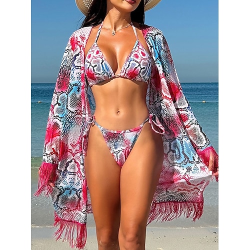 Femme Maillots de Bain Bikinis Trois pièces Slip Brésilien Maillot de bain Dos Nu Mince Vacances Tenues de plage Léopard Col V Sans Manches Maillots de bain