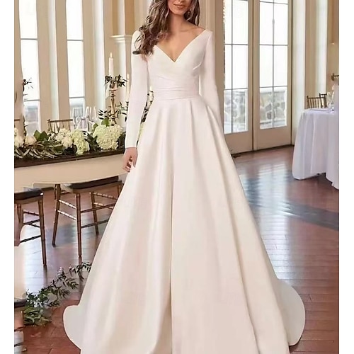 Halle Formelle Boho Hochzeitskleider Ballkleid V-Ausschnitt Lange Ärmel Kapellenzug Jersey Brautanzüge Brautkleider mit Raffung