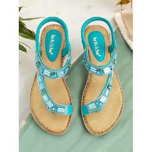 sandali da donna con cinturino a T impreziositi da strass turchesi – sandali bassi elastici con cinturino posteriore in stile bohémien per la spiaggia estiva e l'abbigliamento casual