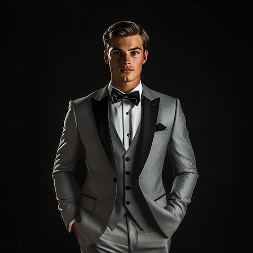 De los hombres Boda Fiesta de baile Trajes de boda Solapa de Muesca Gris Negocios Lujo Color sólido Estándar Juego de 3 piezas Recto 1 botón