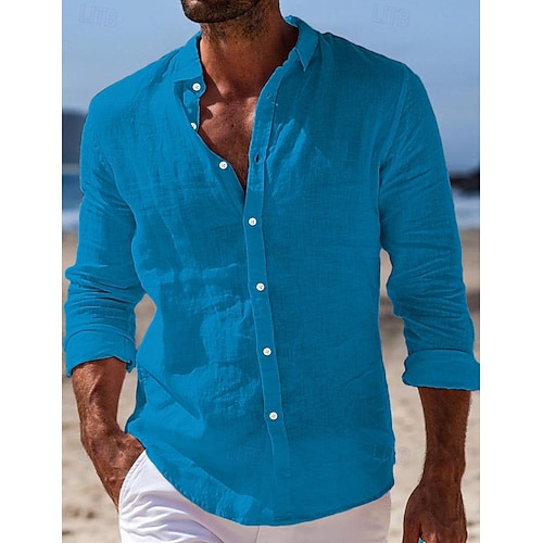  Per uomo Camicia camicia di lino Camicia estiva Abbigliamento mare Camicia con bottoni Liscio Informale Giornaliero Nero Bianco Rosa Blu marino Manica lunga Collo ripiegabile Primavera estate
