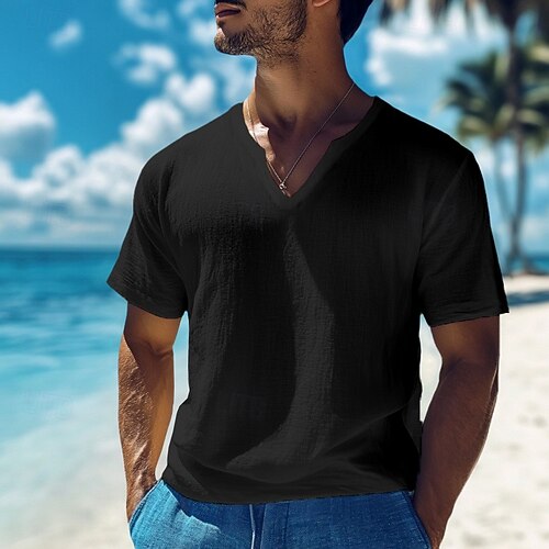 T-shirt Homme Col V En Coton - Manches Courtes, Coupe Standard, Pré-rétréci - Basique Pour L'été Et Le Quotidien
