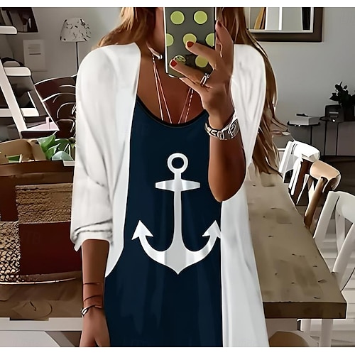  Ženské Maxi šaty 2 kusy Šaty set Sundress Letní šaty Slip šaty Dovolená Formální Boho Dovolená Volný střih Grafický Geometrický 3/4 délka rukávu Špagetové ramínko V krku Námořnická modrá Léto Jaro