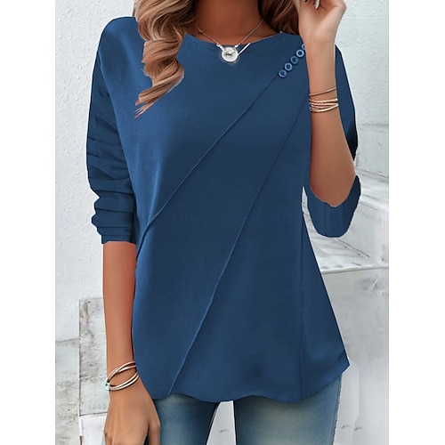 T-Shirt pour femmes Couleur Unie Élégant Décontracté à Manches Longues Col Rond Tops Normaux Quotidiens Boutons Noir Jaune Rouge Bleu Été Printemps