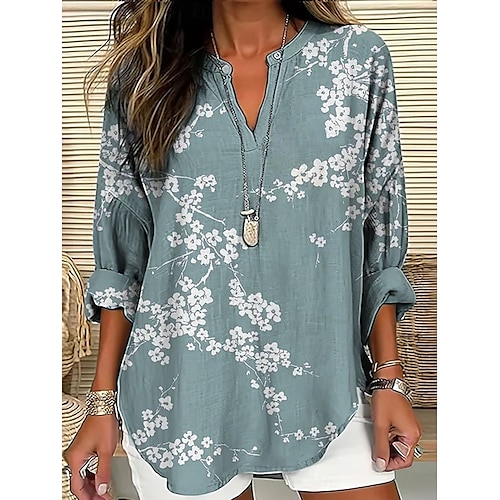  Femmes Chemise Fleuri Graphique ancien Tropical Hawaïen manche longue Col en V Hauts Réguliers Quotidien Fête Tenue de plage Imprimé Rose Claire bleu marine Bleu Vert Kaki Été Printemps
