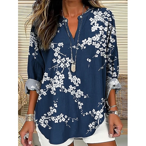  Femmes Chemise Fleuri Graphique ancien Tropical Hawaïen manche longue Col en V Hauts Réguliers Quotidien Fête Tenue de plage Imprimé Rose Claire bleu marine Bleu Vert Kaki Été Printemps