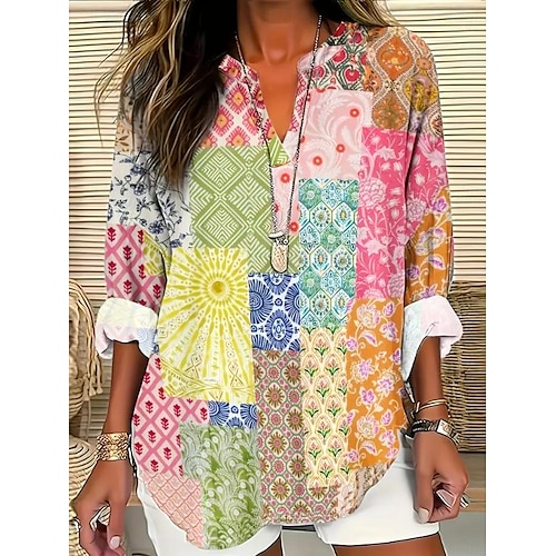  Chemise en coton et lin pour femmes floral hawaïenne basique décontractée manches longues col en V tops réguliers impression quotidienne rose rouge bleu marine bleu violet été printemps