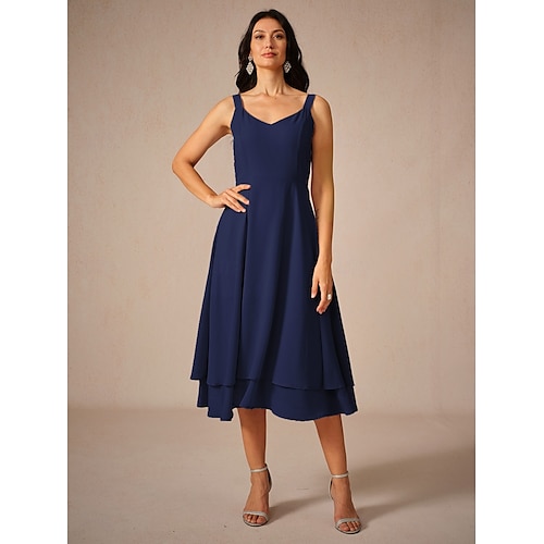  Damen Midikleid Chiffon-Kleid Elegant Fließend kleid hochzeitsgast Verabredung Regular Fit Feste Farbe Ärmellos Quadratischer Ausschnitt Marineblau Sommer
