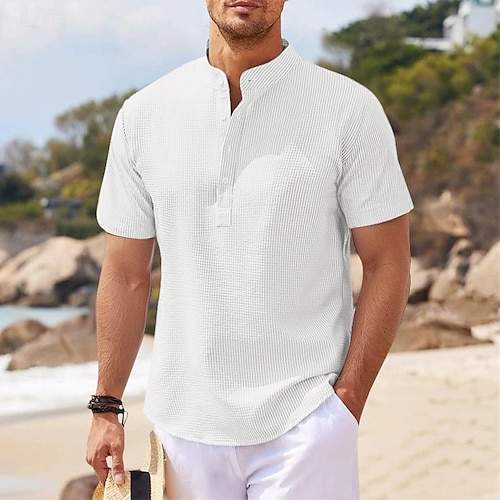  Per uomo Camicia Camicia popover Camicia Estiva Camicia casual Camicia da Spiaggia Camicia con Bottoni Nero Bianco Rosa Blu marino Blu Manica Corta Colore Solido / Tinta Unita Colletto alla coreana