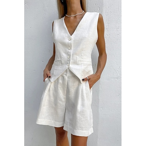 Femmes Mode Streetwear Ensembles inspirés du lin Ensembles deux pièces Chemisier Sans manches Col en V Couleur Unie Dubbele Rij Knopen Sortir Décontracté Quotidien Blanche Bleu Orange Été Coupe