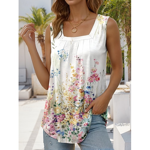  Γυναικεία Καμισόλ Tank Top Φλοράλ Γραφική Στυλάτο Καθημερινό Αμάνικο Τετράγωνη Λαιμόκοψη Κανονικά μπλουζάκια Καθημερινά Αργίες Σουρωτά Στάμπα Λευκό Καλοκαίρι Άνοιξη