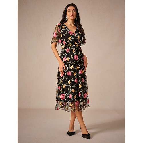  Damen Midikleid schwarzes kleid Elegant Stilvoll Party kleid hochzeitsgast Verabredung Lockere Passform Blumen Kurzarm V Ausschnitt Schwarz Sommer Frühling