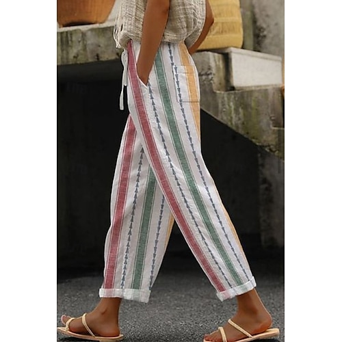 Pantalon femme inspiré du lin, streetwear, décontracté, pleine longueur, naturel, floral, uni, rayé, poche, impression, cordon élastique, confortable, extérieur, usage quotidien, sortie, magenta, rouge, noyer, blanc