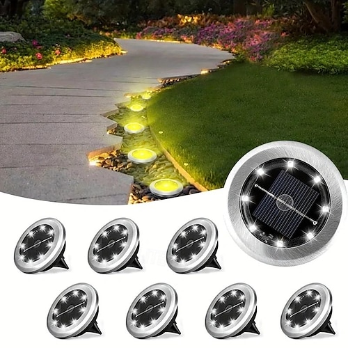 Lot de 8 spots solaires au sol géométriques, lumière chaude/lumière blanche en acier inoxydable, éclairage d'extérieur à disque rotatif à 8 LED, éclairage de jardin, lampadaire, éclairage au sol