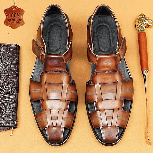 Luxury Men's Brown Leather Fisherman Sandals - Elegant Dress Footwear with Woven Straps 2026 - $109.99 Luxury Men's Brown Leather Fisherman Sandals - Elegant Dress Footwear with Woven Straps 2026 - $109.99
