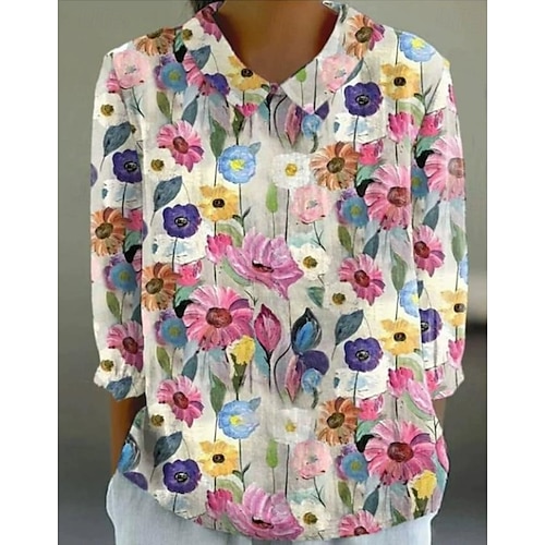  Femmes Chemise Fleuri Bohème Quotidien Élégant manche longue Col de chemise Hauts Réguliers Quotidien Boutons Imprimé Rose Claire Bleu Orange Vert Kaki Été Printemps