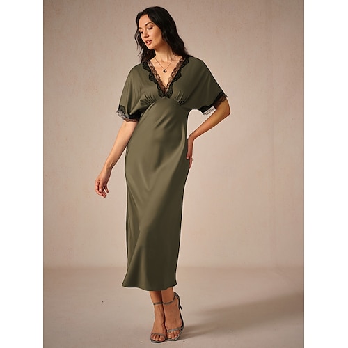  Dames Maxi-jurk Schede jurk Elegant Stijlvol Bruiloft Feest Dagelijks Normale pasvorm Effen Kleur Korte mouw V-hals Olijf Zomer