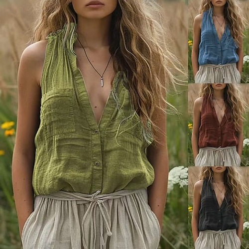 Per donna Camicie di cotone e lino Abbottonare Blusa Semplice Essenziale Moderno Casual Senza Maniche Scollo a V Top Regolari Quotidiano Ferie Uscire Bottoni Tasca Nero Blu Marrone Verde Estate