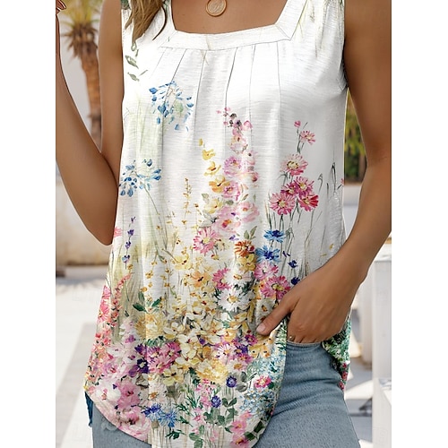  Γυναικεία Καμισόλ Tank Top Φλοράλ Γραφική Στυλάτο Καθημερινό Αμάνικο Τετράγωνη Λαιμόκοψη Κανονικά μπλουζάκια Καθημερινά Αργίες Σουρωτά Στάμπα Λευκό Καλοκαίρι Άνοιξη