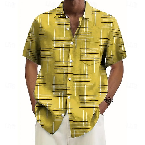  Herren Geometrisch Linie Hemd Freizeithemd Knopfhemd Kurzarm Modisch lässig Urlaub Ferien Streetwear Sommer Umlegekragen 3D-Druck Hemden mit Kragen Eine Tasche vorne Gelb Blau