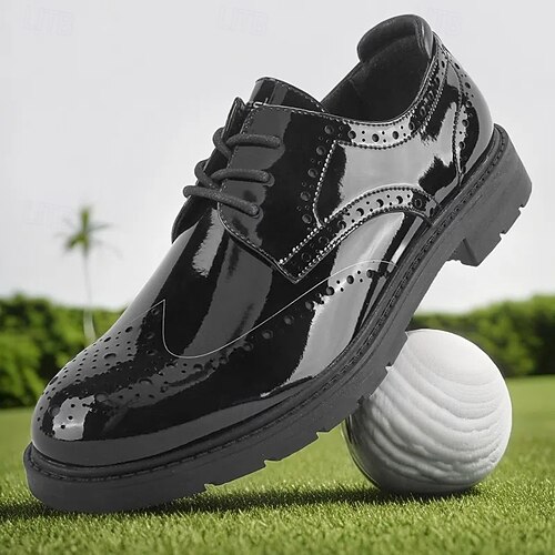 2025年 メンズの鮮やかなイエローのブローグゴルフシューズ、レース