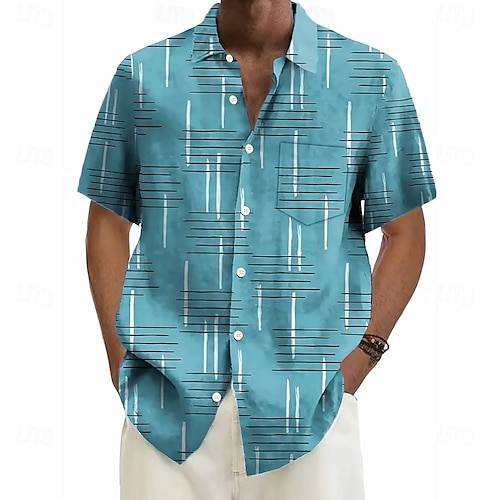  Herren Geometrisch Linie Hemd Freizeithemd Knopfhemd Kurzarm Modisch lässig Urlaub Ferien Streetwear Sommer Umlegekragen 3D-Druck Hemden mit Kragen Eine Tasche vorne Gelb Blau