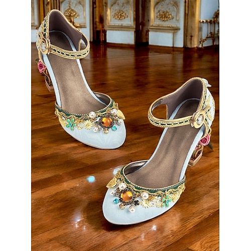  dámské vintage barokní podpatky mary jane z 20. let – elegantní světle modré lodičky s perleťovými a květinovými detaily pro svatby, večírky a zvláštní příležitosti
