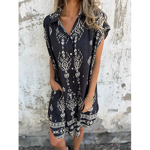 Damen Baumwolle Leinen Mini Kleid Hemd Kleid Elegantes Kleid Basic Lässig Urlaub Täglich Reguläre Passform Grafik Kurzärmeliges Hemd Kragen Schwarz Grün Aprikose Sommer