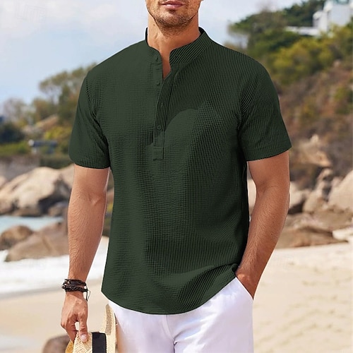  Bărbați Cămașă Cămașă popover Cămașă de vară Cămașă casual Cămașă de plajă Cămașă Waffle Knit Negru Alb Albastru piscină Albastru celest Verde Militar Manșon Lung Simplu Guler de stand Vacan