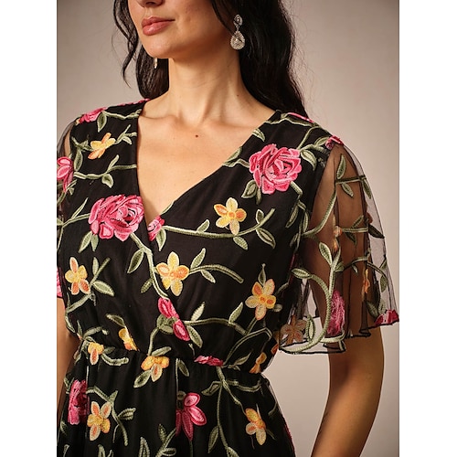  Damen Midikleid schwarzes kleid Elegant Stilvoll Party kleid hochzeitsgast Verabredung Lockere Passform Blumen Kurzarm V Ausschnitt Schwarz Sommer Frühling