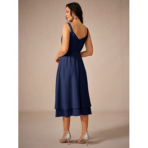  Damen Midikleid Chiffon-Kleid Elegant Fließend kleid hochzeitsgast Verabredung Regular Fit Feste Farbe Ärmellos Quadratischer Ausschnitt Marineblau Sommer