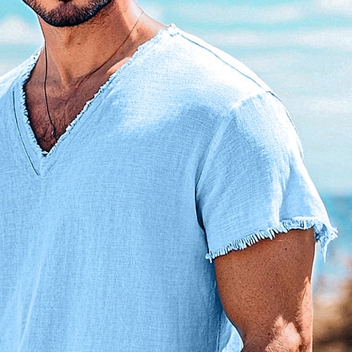  Per uomo Maglietta Maglietta in lino Maniche Corte Scollo a V Estate Semplice Moda Designer Essenziale Morbido Vacanza Casual Quotidiano Spiaggia Blu chiaro Bianco Rosa Maglietta Top per Uomo