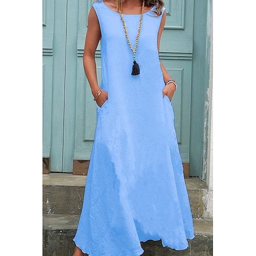 Per donna Abito Midi Abiti ispirati al lino Abito in cotone e lino Moda Essenziale Classico All'aperto Quotidiano Ferie Vestibilità regolare Semplice Senza Maniche Girocollo Bianco Arancione Cachi