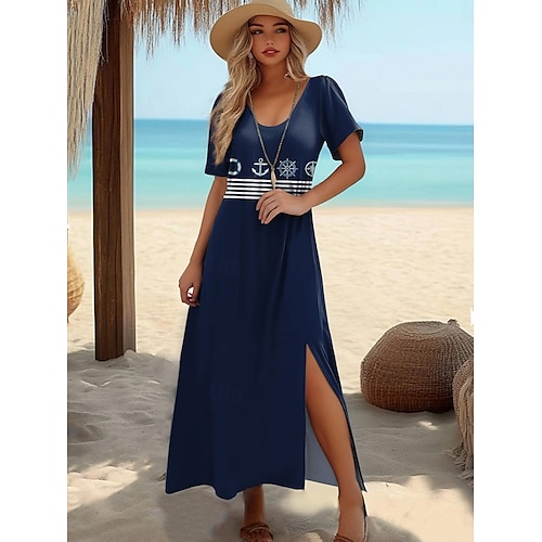  Damen Langes Kleid Maxikleid T-Shirt-Kleid Sommerkleid Shiftkleid Urlaub Tropisch Stilvoll Urlaub Party Ferien Normale Passform Geometrisch Gestreift Kurzarm Rundhalsausschnitt Weiß Rote Marineblau
