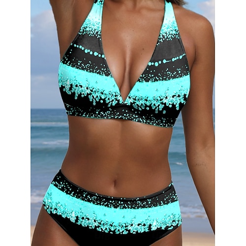  Maillots de bain pour femmes bikini 2 pièces maillot de bain coquin sexy halter ombre géométrique fil en V maillots de bain sans manches