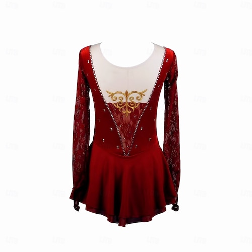 burgundy figure skating dress Figure Skating Dress Women's Ice Skating Dress Burgundy Patchwork Open Back Stretchy Training Competition Skating Wear Classic Crystal / Rhinestone Long Sleeve Ice Skating Figure Skating 2026