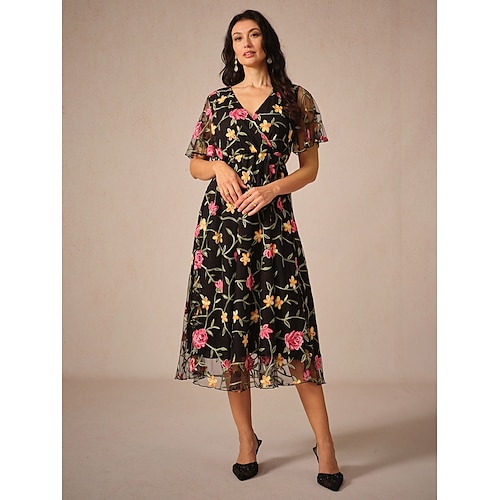  Damen Midikleid schwarzes kleid Elegant Stilvoll Party kleid hochzeitsgast Verabredung Lockere Passform Blumen Kurzarm V Ausschnitt Schwarz Sommer Frühling