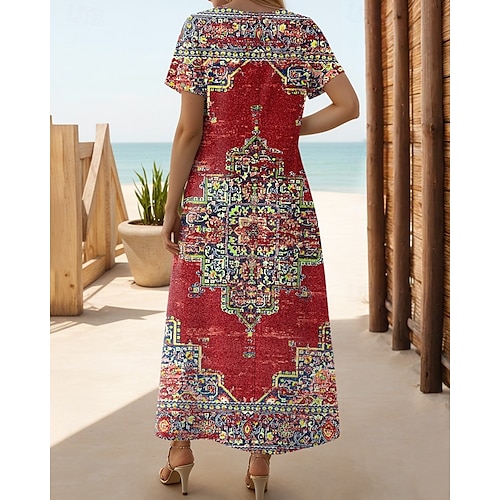  Női Maxi Ruha T Ing Ruha Tee Ruha Napernyő Ruha Átmeneti Ruha Bohemia Vakáció Parti Üdülés Rendes Fit Vintage Boho Rövid Ujjú Kerek Nyak Fekete Piros Tengerkék Kék