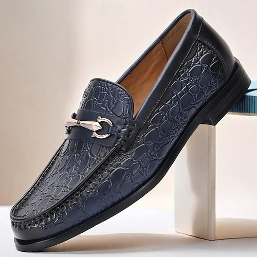 Men's Navy Blue Crocodile Embossed Leather Loafers with