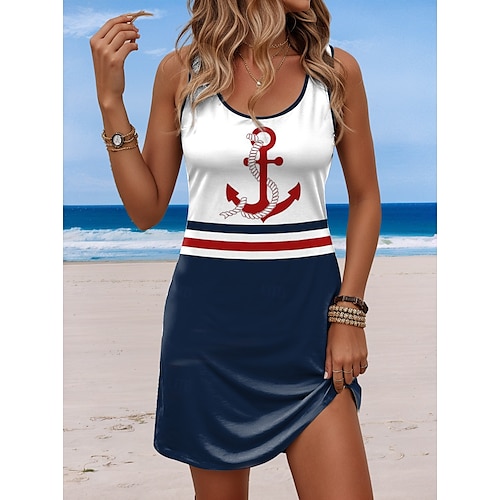  Damen Mini Kleid Petite Kleid Petite Kleid Strandkleid A-Linie Kleid Tank Kleid Freizeit Urlaub Täglich Strand Lockerer Schnitt Herz Rose Flagge ärmellos Rundhals Weiß Rot Königsblau Blau Sommer