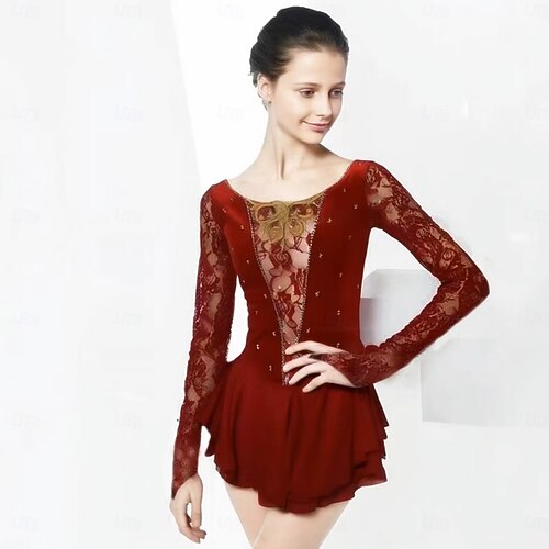 Figure Skating Dress Women's Girls' Ice Skating Dress Burgundy Patchwork Thumbhole Mesh Spandex Lace Stretchy Training Practice Professional Skating Wear Thermal Warm Classic Crystal / Rhinestone 2026 - $224.19 Figure Skating Dress Women's Girls' Ice Skating Dress Burgundy Patchwork Thumbhole Mesh Spandex Lace Stretchy Training Practice Professional Skating Wear Thermal Warm Classic Crystal / Rhinestone 2026 - $224.19