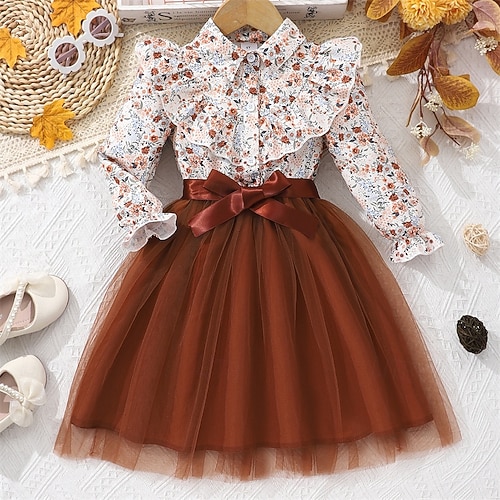 Kids Girls' Dress Flower Long Sleeve Outdoor Casual Tie Knot Fashion  Adorable Polyester Knee-length Casual Dress A Line Dress Summer 4 years+  Pink Red Brown 2026 - 22.99