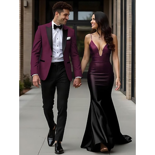  Trajes de fiesta para hombres Trajes de regreso a casa Trajes rojos uva moda formal de color sólido ajuste estándar de 2 piezas de un botón