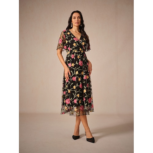  Damen Midikleid schwarzes kleid Elegant Stilvoll Party kleid hochzeitsgast Verabredung Lockere Passform Blumen Kurzarm V Ausschnitt Schwarz Sommer Frühling