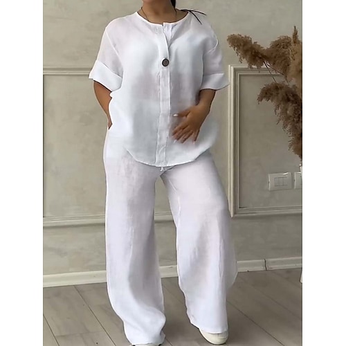Conjunto de Algodón y Lino para Mujeres 2 Piezas Algodón y Lino Elegante Moda Streetwear Camisa Blusa de Manga Corta Cuello Camisa Color Sólido Trabajo al Aire Libre Casual Blanco Rosa Verde Militar