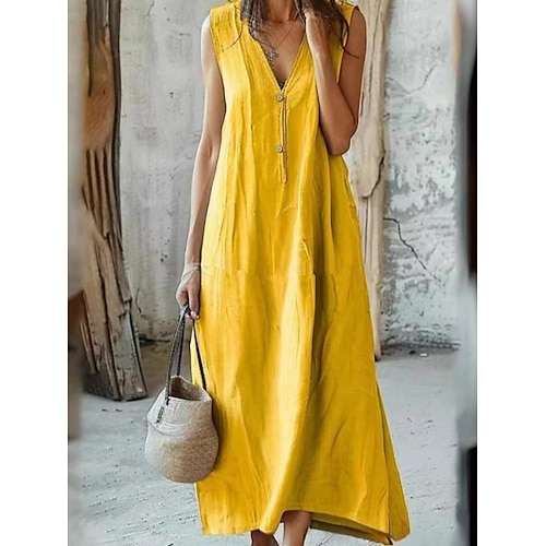 Abito Maxi Donna Abito Estivo Fit e Flare Abito Off The Shoulder Abito Maniche a Palloncino Casual Quotidiano Simil Lino Fit Regolare Colore Solido Senza Maniche V Collo Nero Giallo Blu Reale Estate